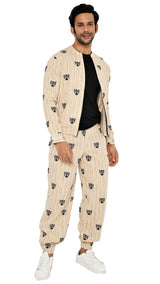 IVORY CREAM KHADI SHACKET AND JOGGER SET WITH TIGER FACE EMBROIDERY