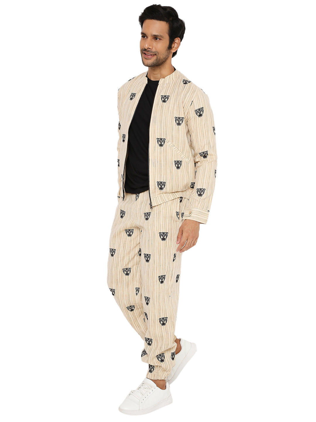 IVORY CREAM SHACKET AND JOGGER SET WITH TIGER FACE EMBROIDERY