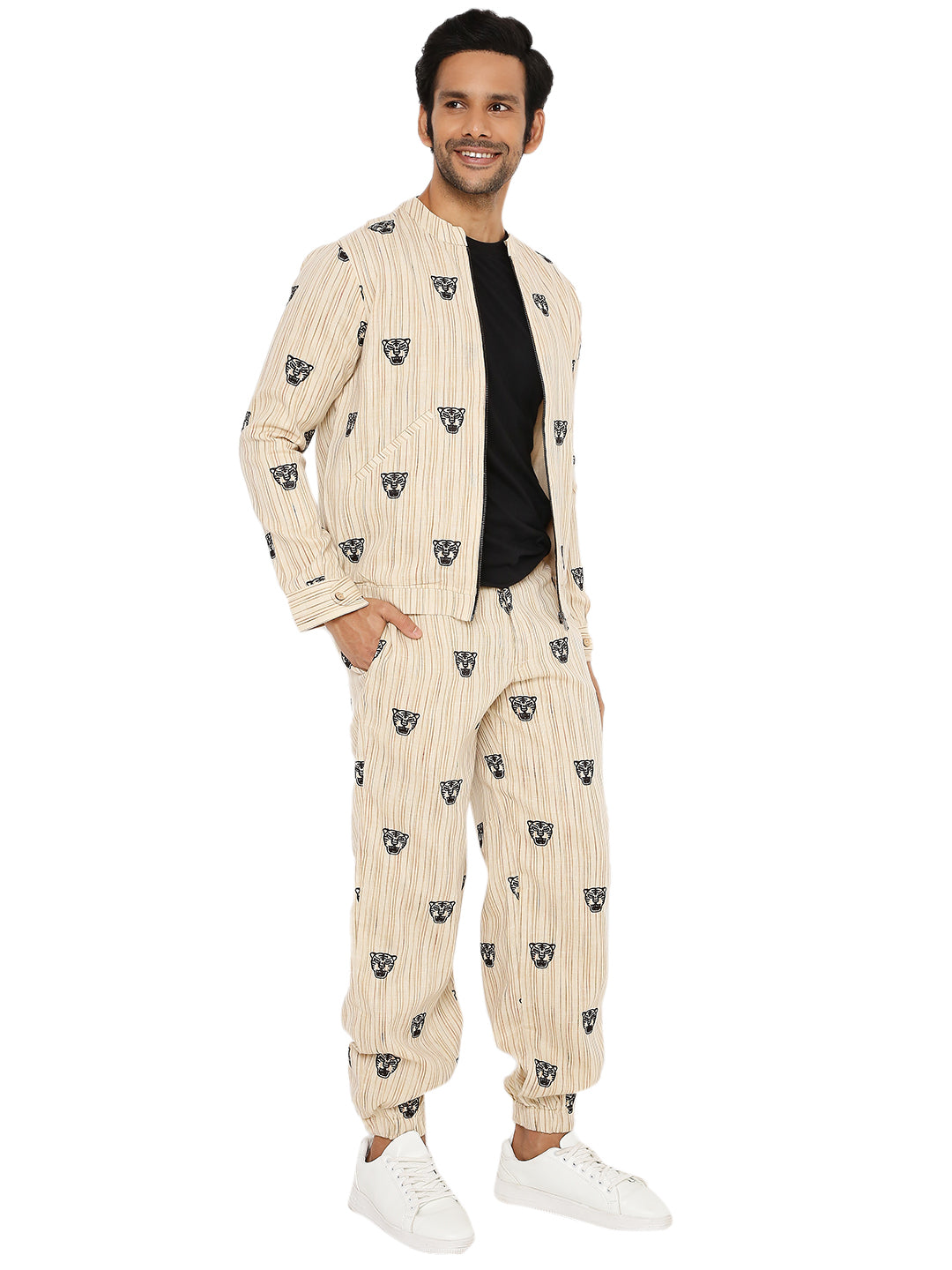 IVORY CREAM SHACKET AND JOGGER SET WITH TIGER FACE EMBROIDERY