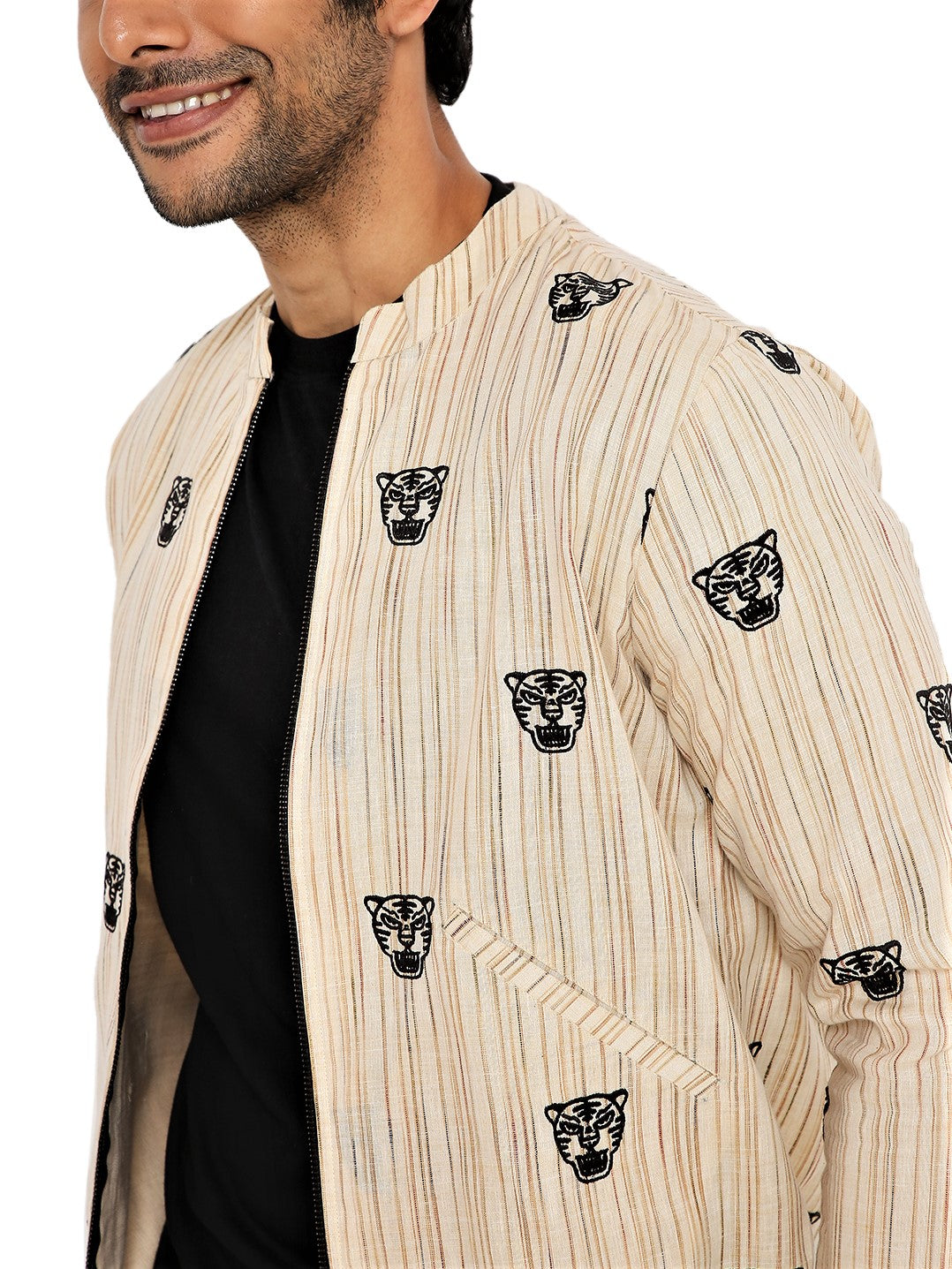 IVORY CREAM SHACKET AND JOGGER SET WITH TIGER FACE EMBROIDERY