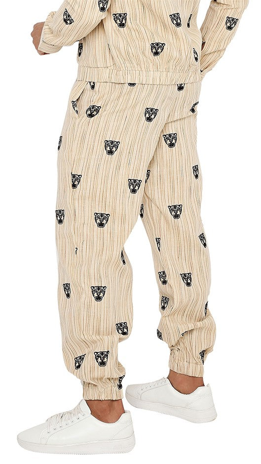 IVORY CREAM JOGGERS WITH TIGER FACE EMBROIDERY