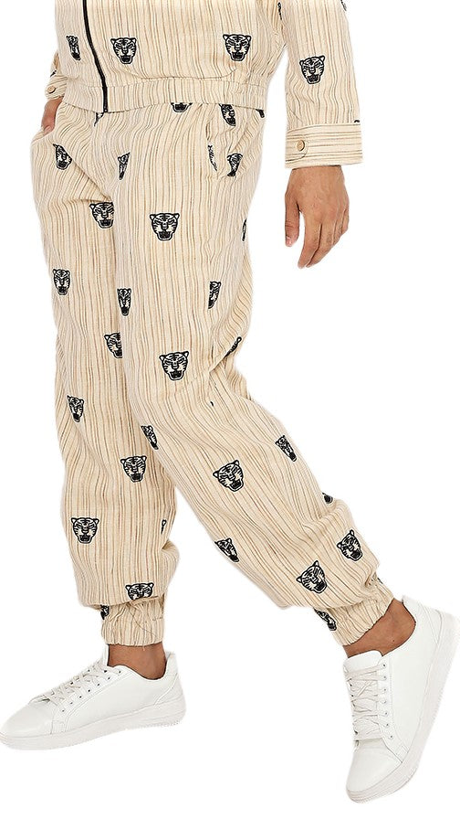 IVORY CREAM JOGGERS WITH TIGER FACE EMBROIDERY