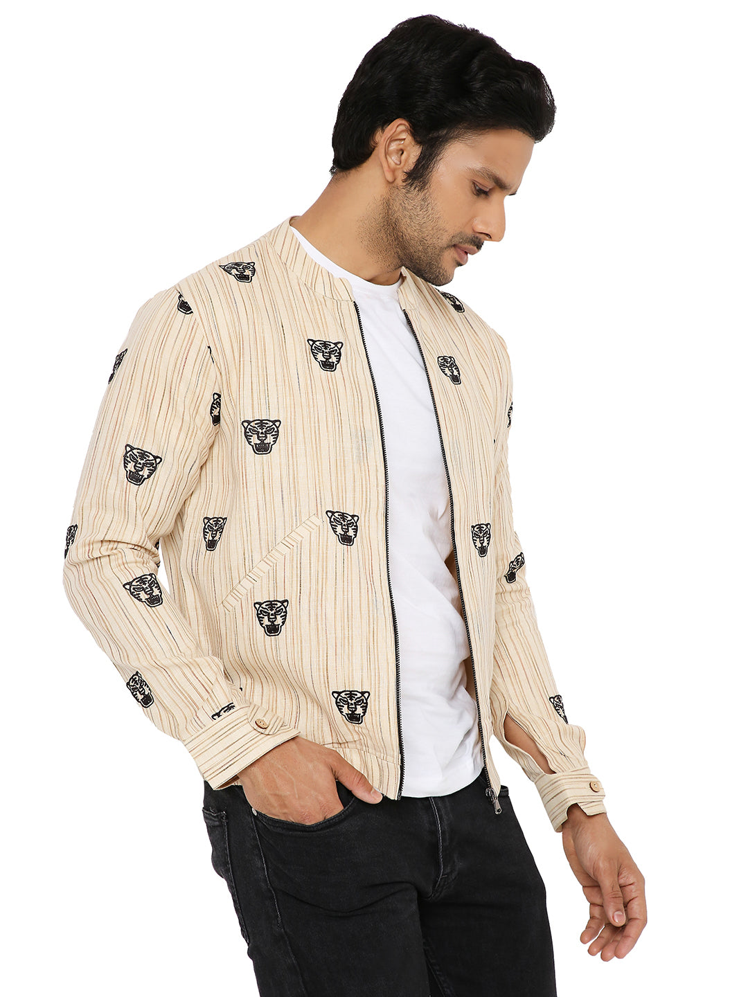 IVORY CREAM KHADI SHACKET AND JOGGER SET WITH TIGER FACE EMBROIDERY