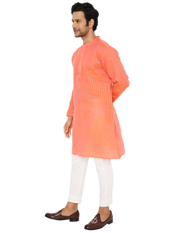MUSK ORANGE COTTON BOLD STRIPED ZARI LONG KURTA