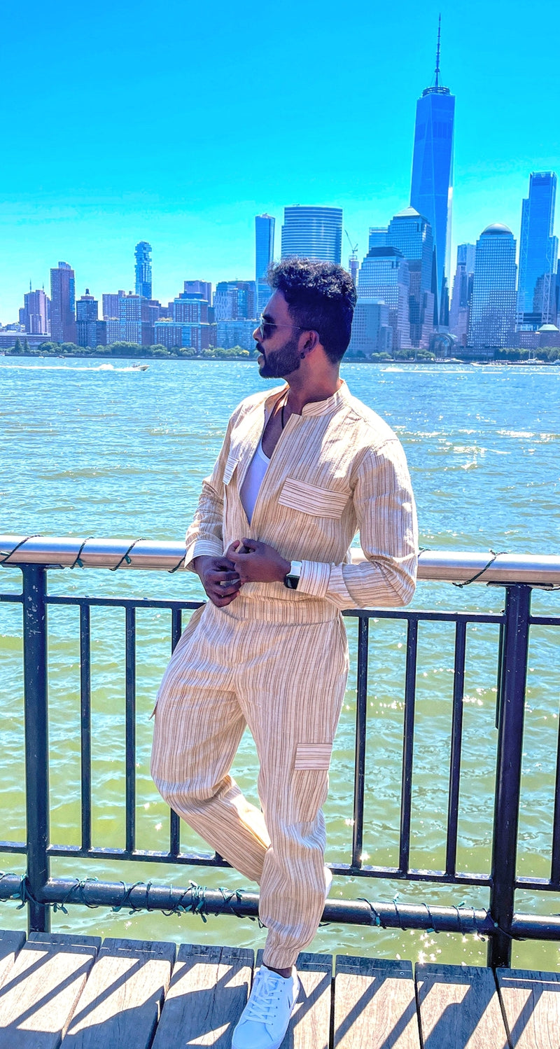 IVORY CREAM KHADI STRIPED UNISEX OVERALL'S