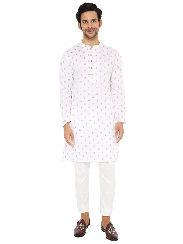 DISCO WHITE KURTA PYJAMA SET WITH YOKE AND LUPI DESIGN