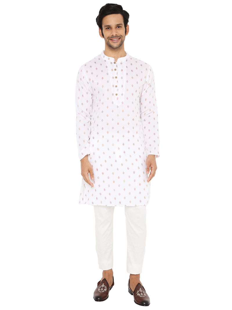 DISCO WHITE KURTA PYJAMA SET WITH YOKE AND LUPI DESIGN