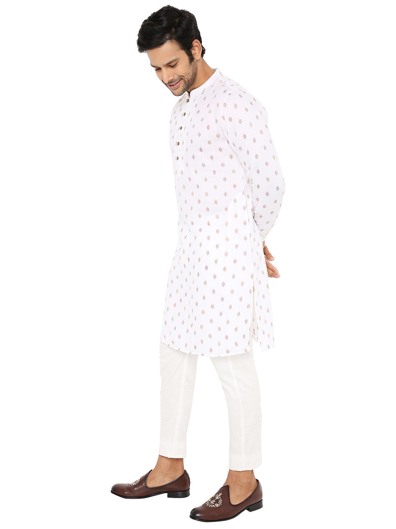 DISCO WHITE KURTA PYJAMA SET WITH YOKE AND LUPI DESIGN
