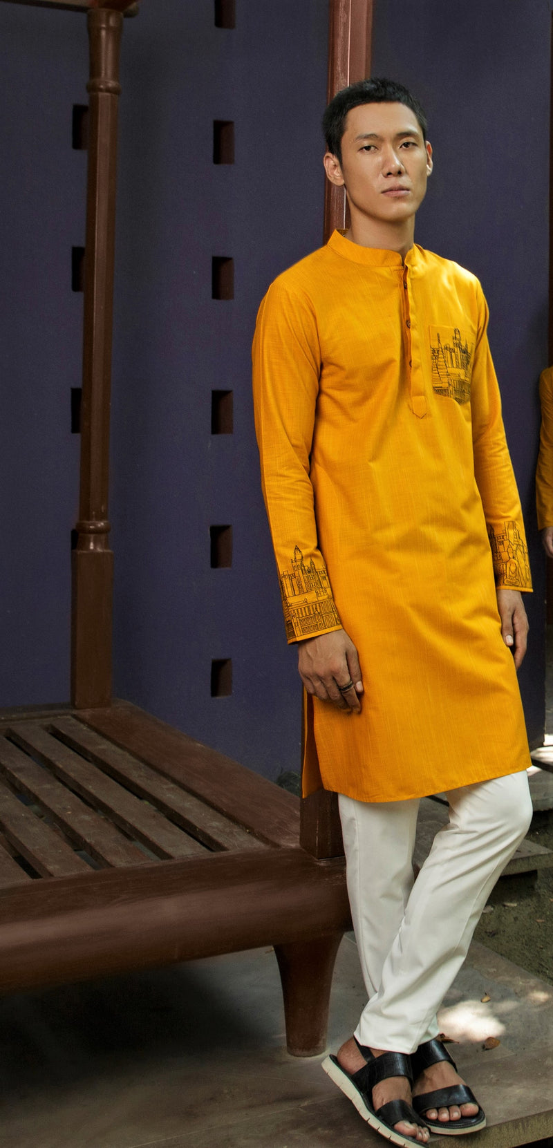 OCHRE REGULAR FIT KURTA WITH POCKET & CUFF EMBRIODERY DETAIL