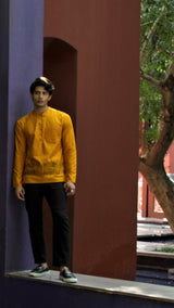 OCHRE MEN'S SHORT KURTA WITH LANDSCAPE EMBRIODERY DESIGN