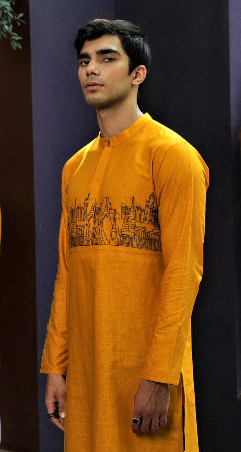 OCHRE REGULAR FIT KURTA WITH LANDSCAPE EMBRIODERY