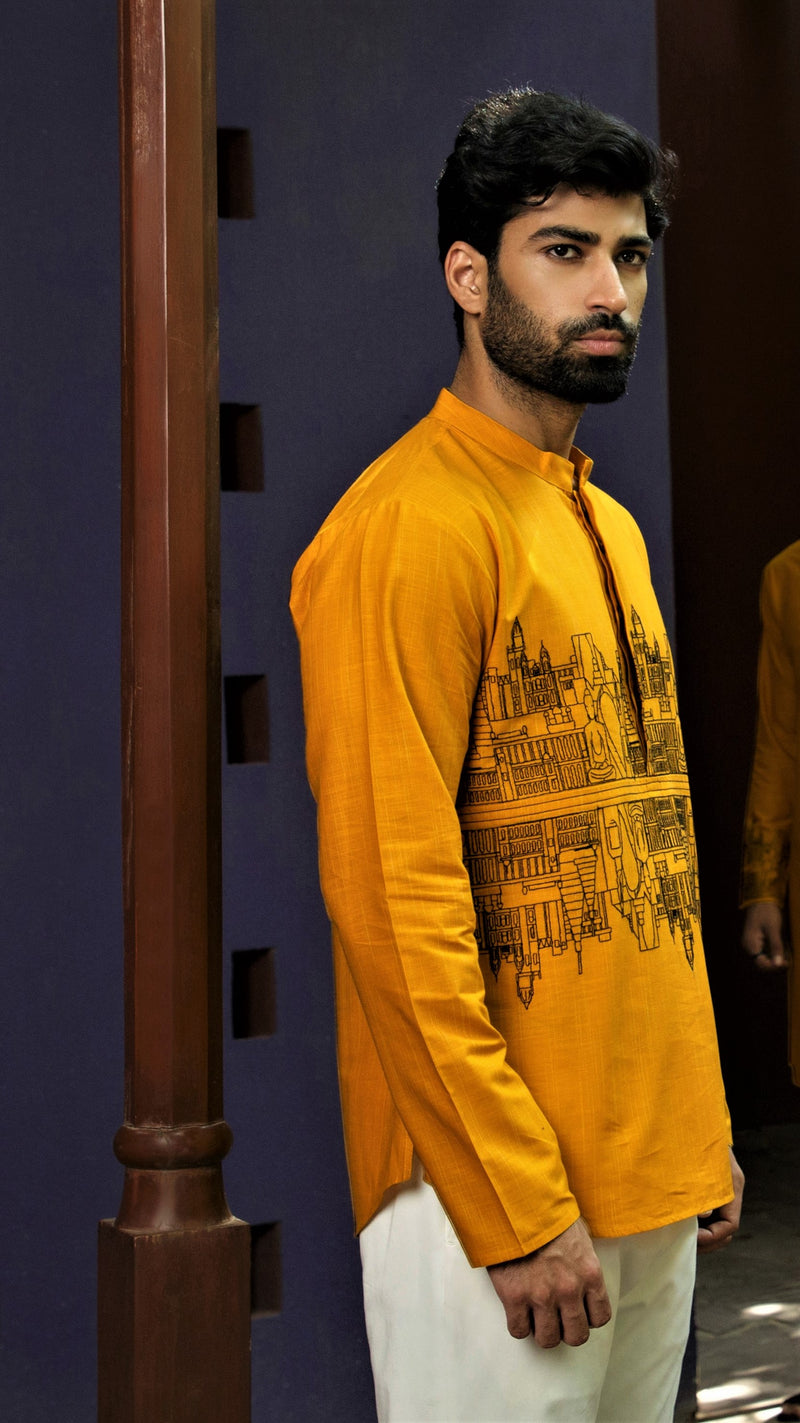 OCHRE REGULAR FIT SHORT KURTA WITH MIRROR LANDSCAPE EMBRIODERY