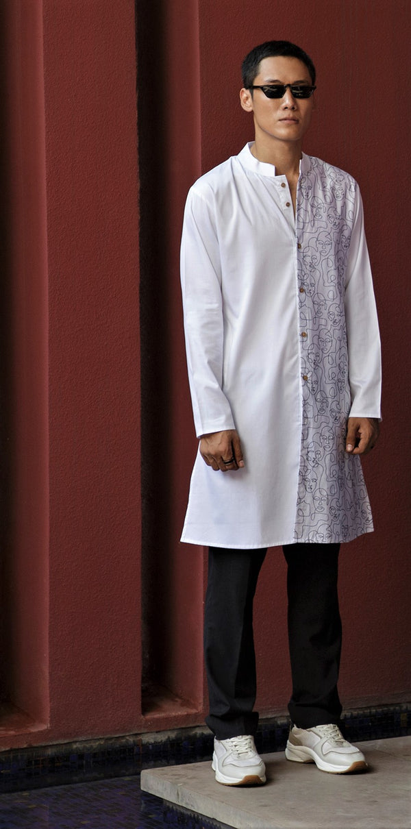 WHITE SATIN ABSTRACT PANEL EMBRIODERED REGULAR FIT KURTA
