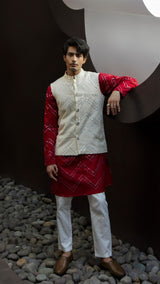 FESTIVE RED KURTA 3 PC SET WITH CHEVRON ABLA EMBRIODERY