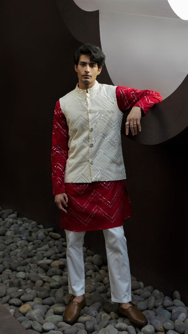 FESTIVE RED KURTA 3 PC SET WITH CHEVRON ABLA EMBRIODERY