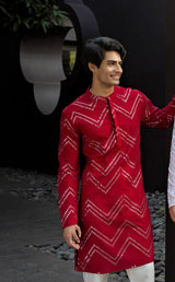 FESTIVE RED KURTA PYJAMA SET WITH CHEVRON ABLA EMBRIODERY