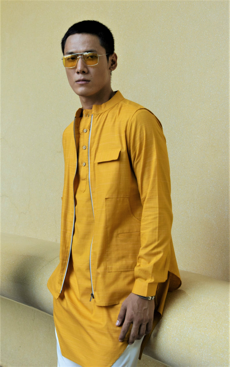 YELLOW ASYMETRIC KURTA SET WITH 3 POCKET ZIPPER SHACKET
