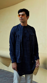 NAVY BLUE ASYMETRIC KURTA SET WITH 3 POCKET ZIPPER SHACKET