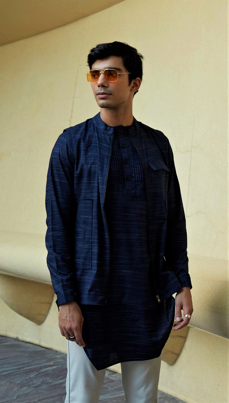 NAVY BLUE ASYMETRIC KURTA SET WITH 3 POCKET ZIPPER SHACKET