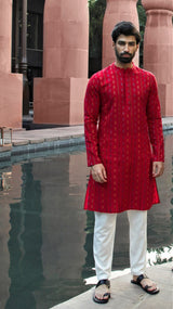 BE DESI MEN COTTON STRIPE REGULAR FIT RED LONG KURTA