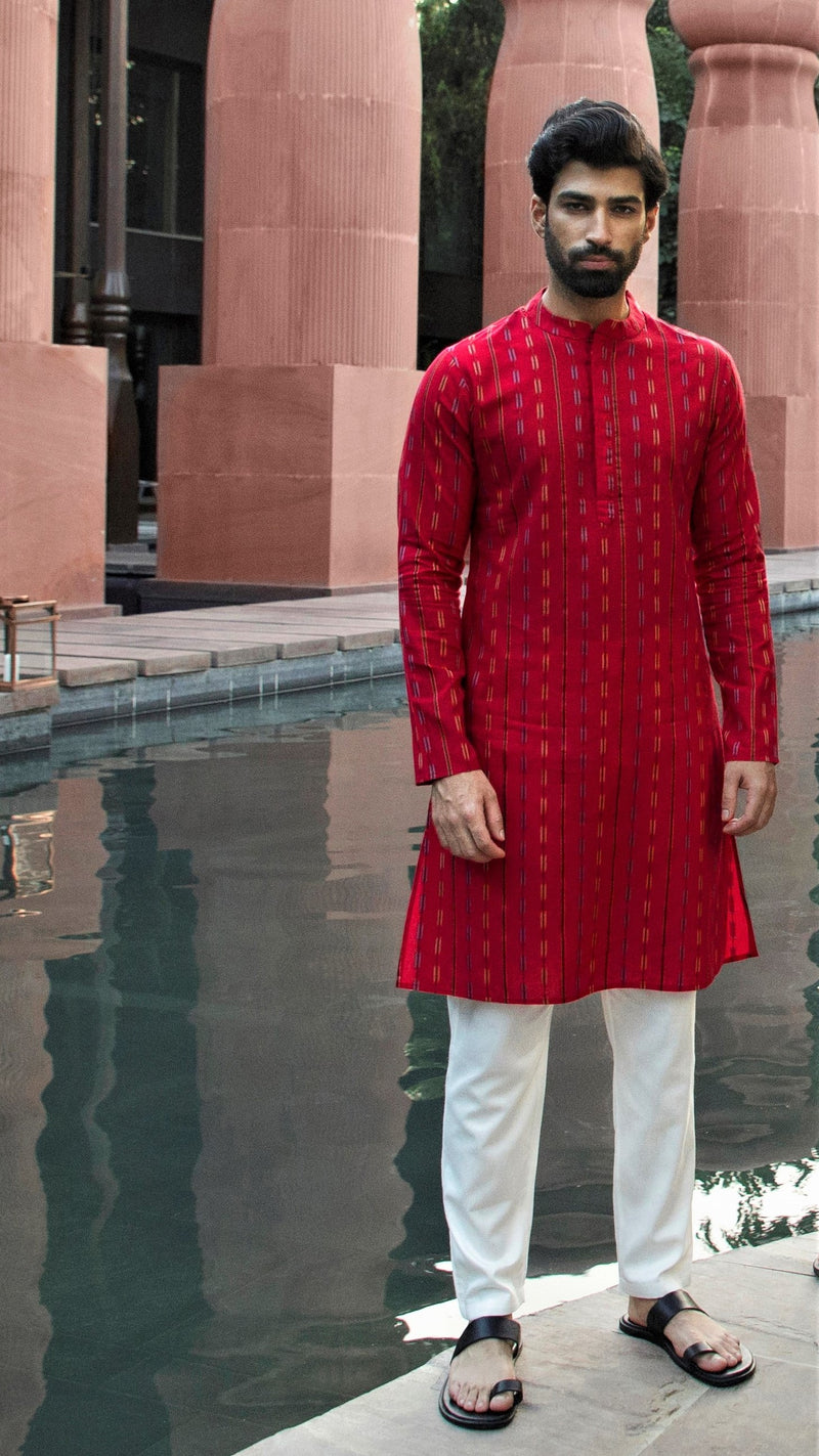 BE DESI MEN COTTON STRIPE REGULAR FIT RED LONG KURTA