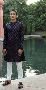 BE DESI MEN COTTON SELF BUTTA PURPLE REGULAR FIT LONG KURTA