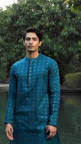 Front View of Be Desi Men's pure cotton turquoise green designer kurta 