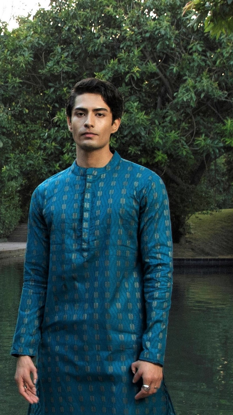 Front View of Be Desi Men's pure cotton turquoise green designer kurta 
