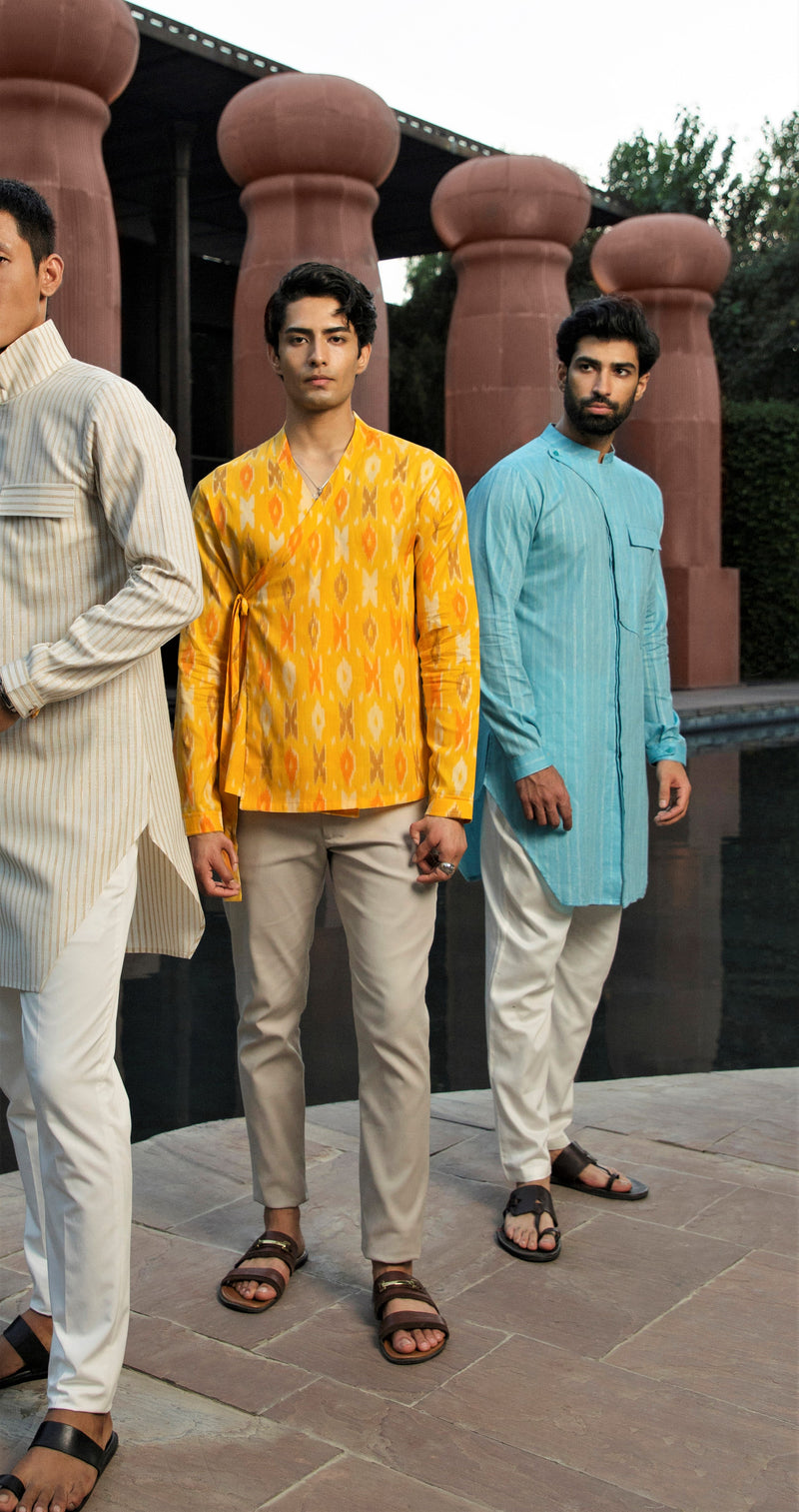 YELLOW IKAT TIE KNOT CASUAL SHORT KURTA