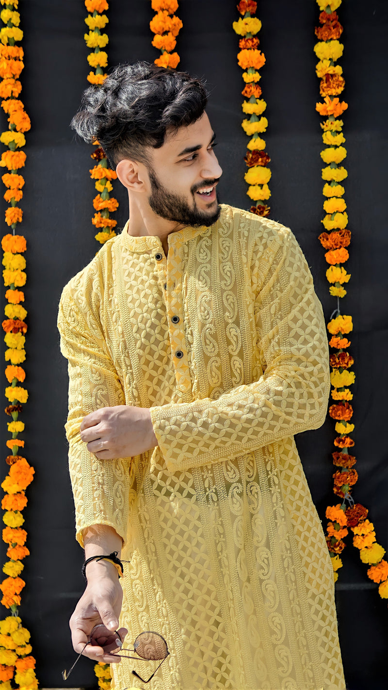 SUMMER YELLOW GEORGETTE PAISLEY DESIGN CHIKANKARI REGULAR FIT KURTA