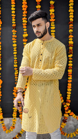 SUMMER YELLOW GEORGETTE PAISLEY DESIGN CHIKANKARI REGULAR FIT KURTA