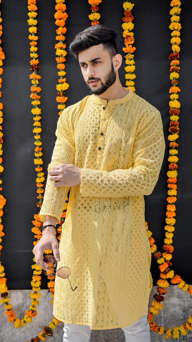 SUMMER YELLOW GEORGETTE PAISLEY DESIGN CHIKANKARI REGULAR FIT KURTA