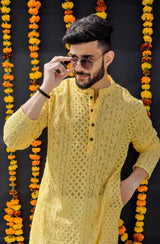 SUMMER YELLOW GEORGETTE PAISLEY DESIGN CHIKANKARI REGULAR FIT KURTA
