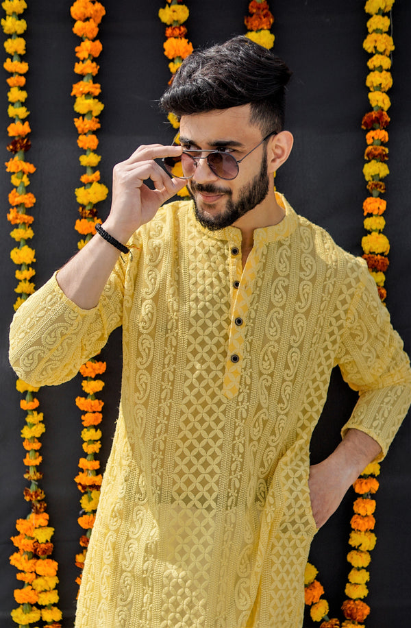 SUMMER YELLOW GEORGETTE PAISLEY DESIGN CHIKANKARI REGULAR FIT KURTA