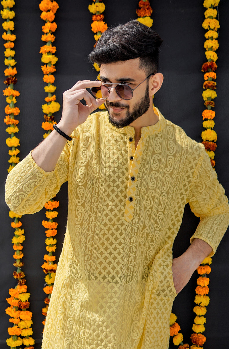 SUMMER YELLOW GEORGETTE PAISLEY DESIGN CHIKANKARI REGULAR FIT KURTA