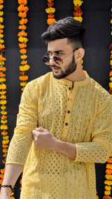 SUMMER YELLOW GEORGETTE PAISLEY DESIGN CHIKANKARI REGULAR FIT KURTA