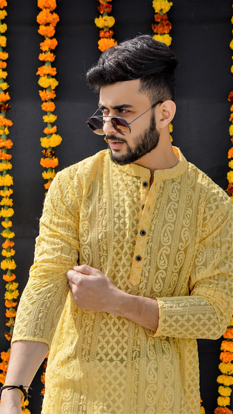 SUMMER YELLOW GEORGETTE PAISLEY DESIGN CHIKANKARI REGULAR FIT KURTA