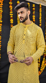 SUMMER YELLOW GEORGETTE PAISLEY DESIGN CHIKANKARI REGULAR FIT KURTA