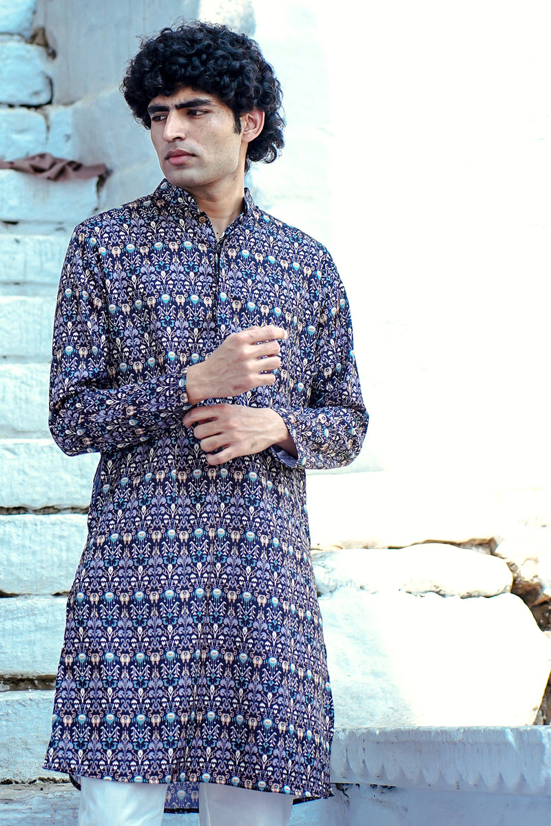 NAVY BLUE WITH CONTRAST DESIGN PRINTED REGULAR FIT MODAL KURTA