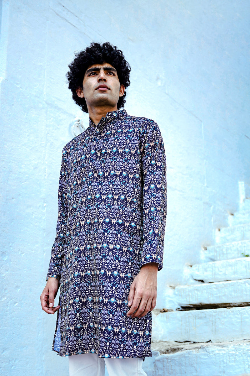 NAVY BLUE WITH CONTRAST DESIGN PRINTED REGULAR FIT MODAL KURTA
