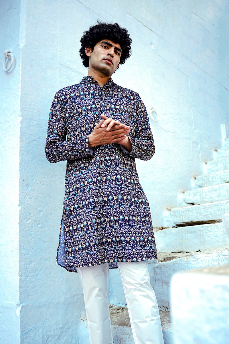 NAVY BLUE WITH CONTRAST DESIGN PRINTED REGULAR FIT MODAL KURTA