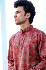 RUSSET BROWN MOTIF PRINTED MODAL REGULAR FIT LONG KURTA