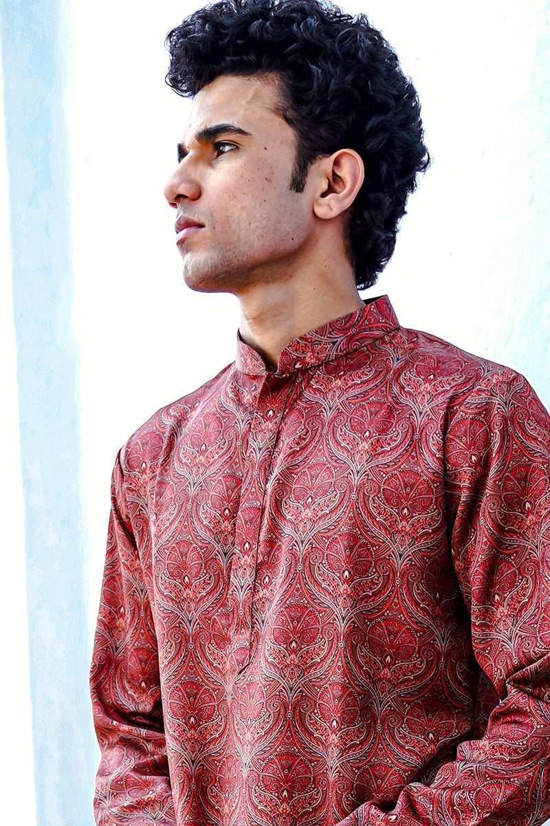 RUSSET BROWN MOTIF PRINTED MODAL REGULAR FIT LONG KURTA