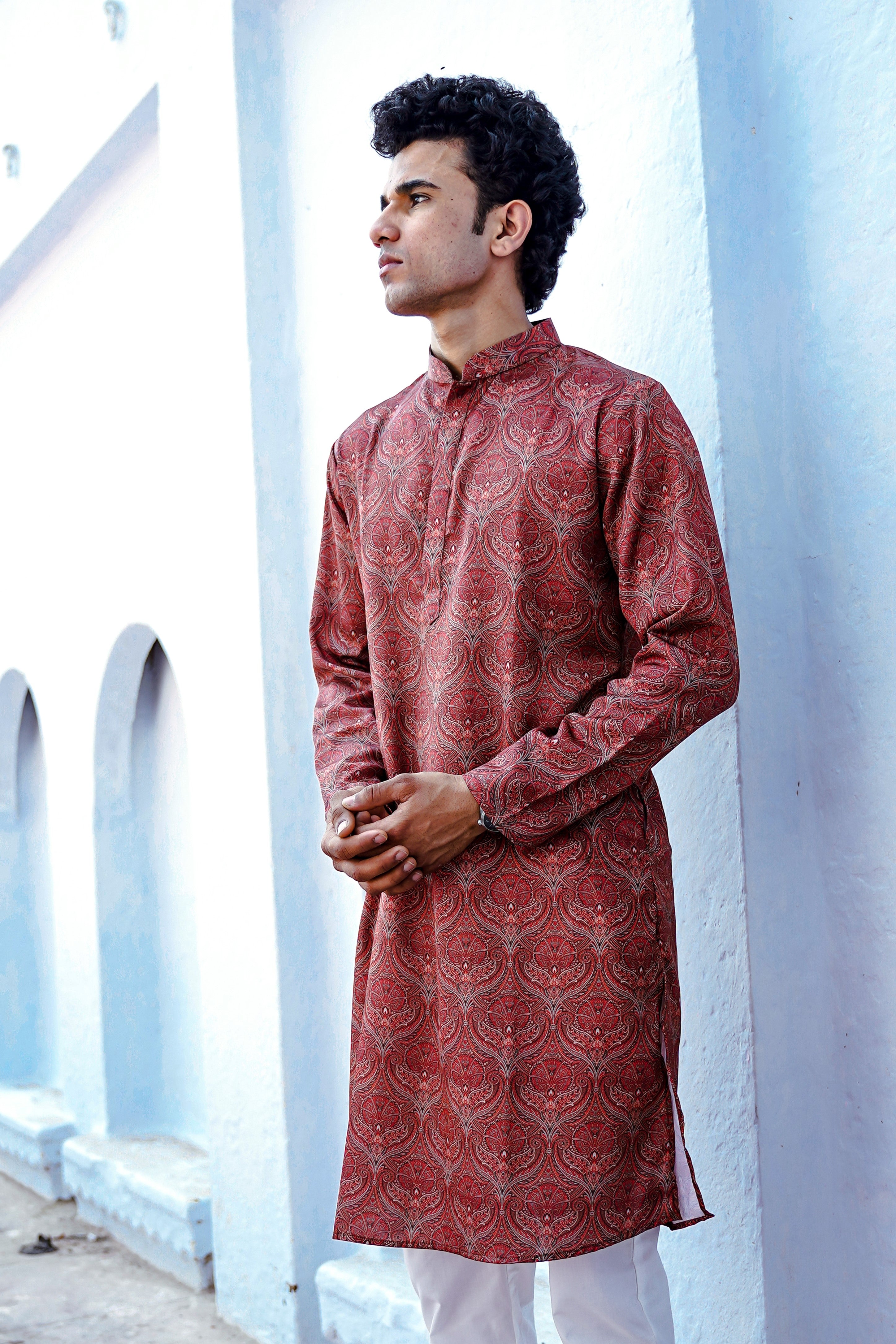 RUSSET BROWN MOTIF PRINTED MODAL REGULAR FIT LONG KURTA