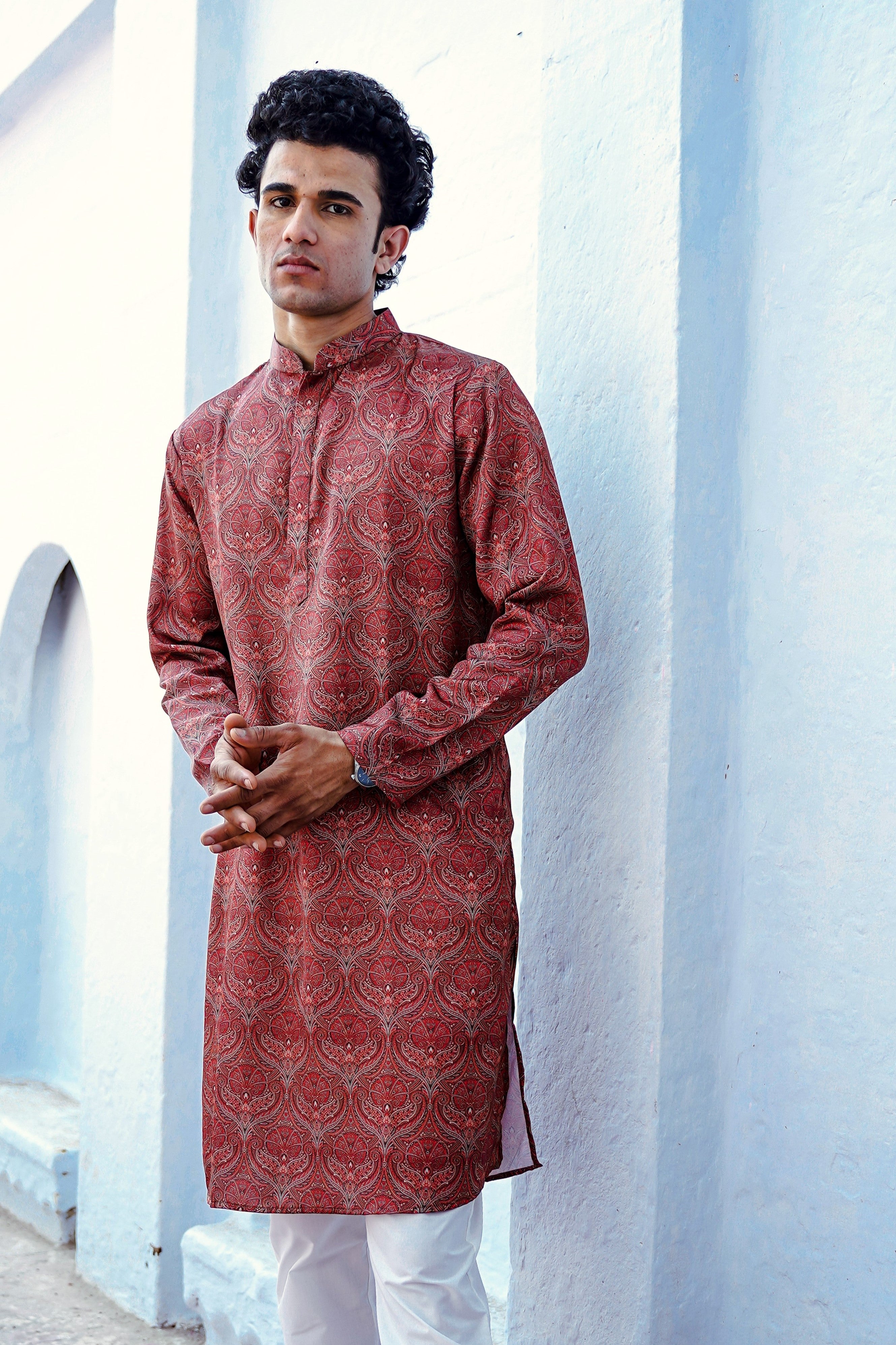 RUSSET BROWN MOTIF PRINTED MODAL REGULAR FIT LONG KURTA