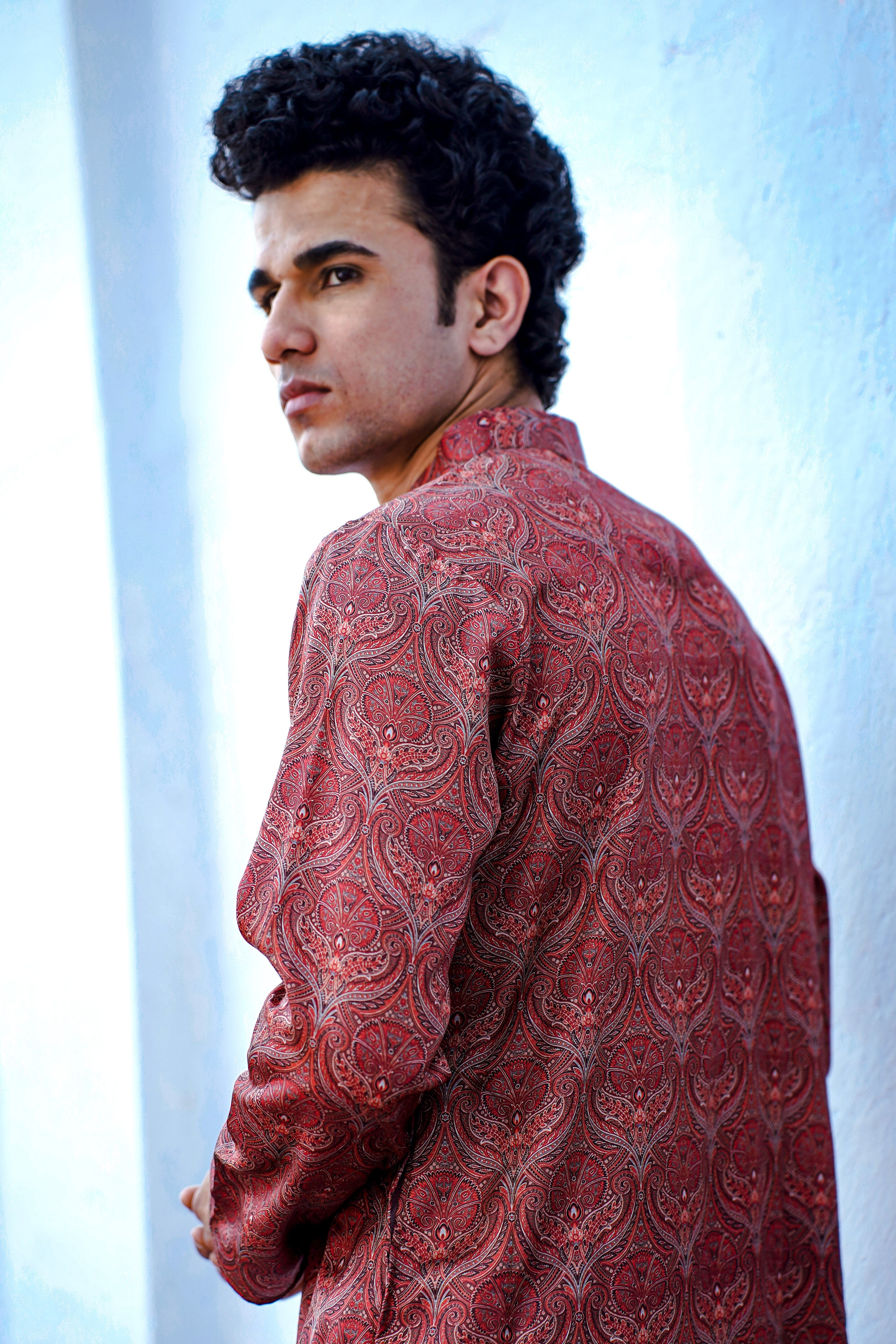 RUSSET BROWN MOTIF PRINTED MODAL REGULAR FIT LONG KURTA