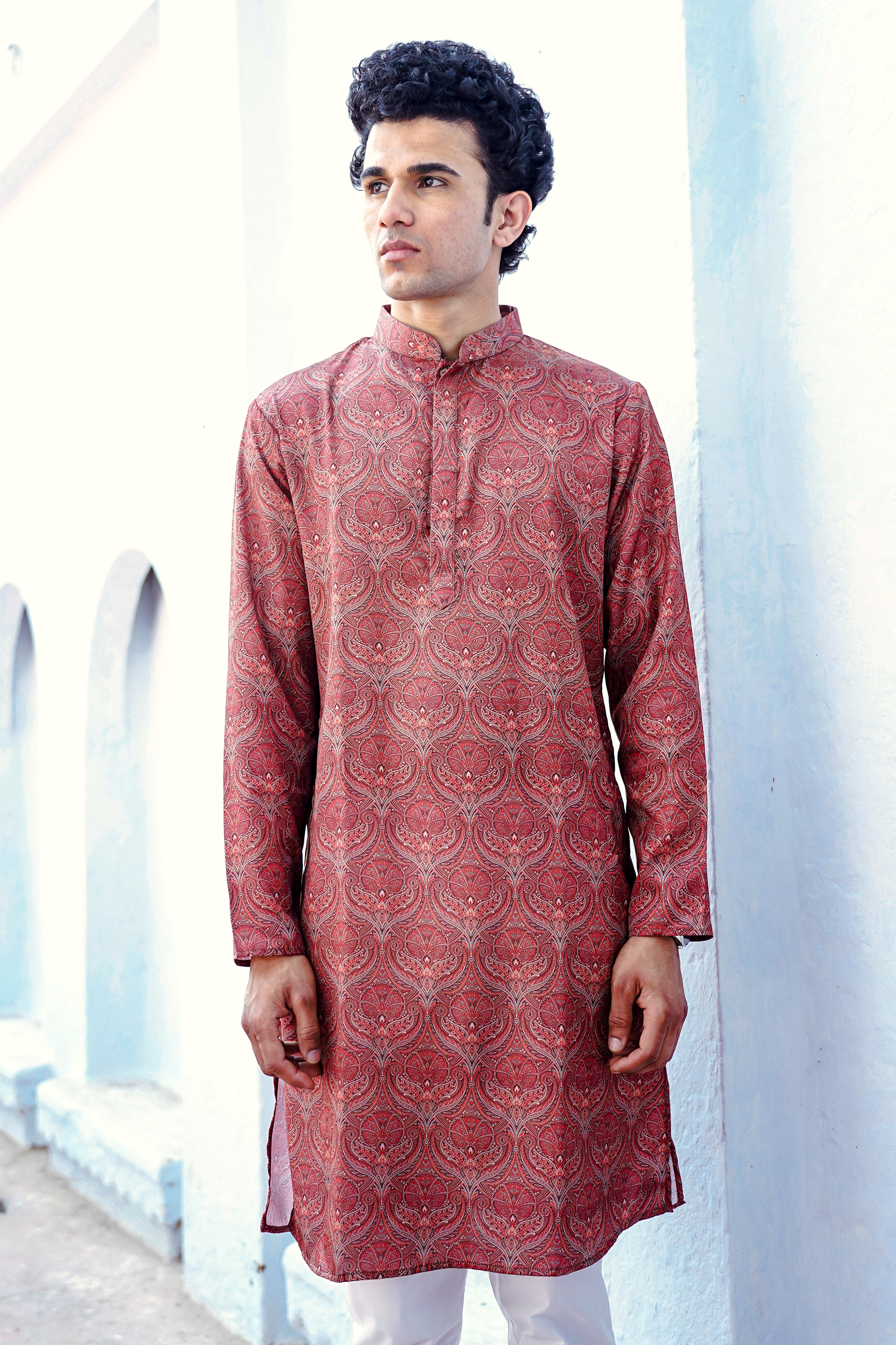 RUSSET BROWN MOTIF PRINTED MODAL REGULAR FIT LONG KURTA