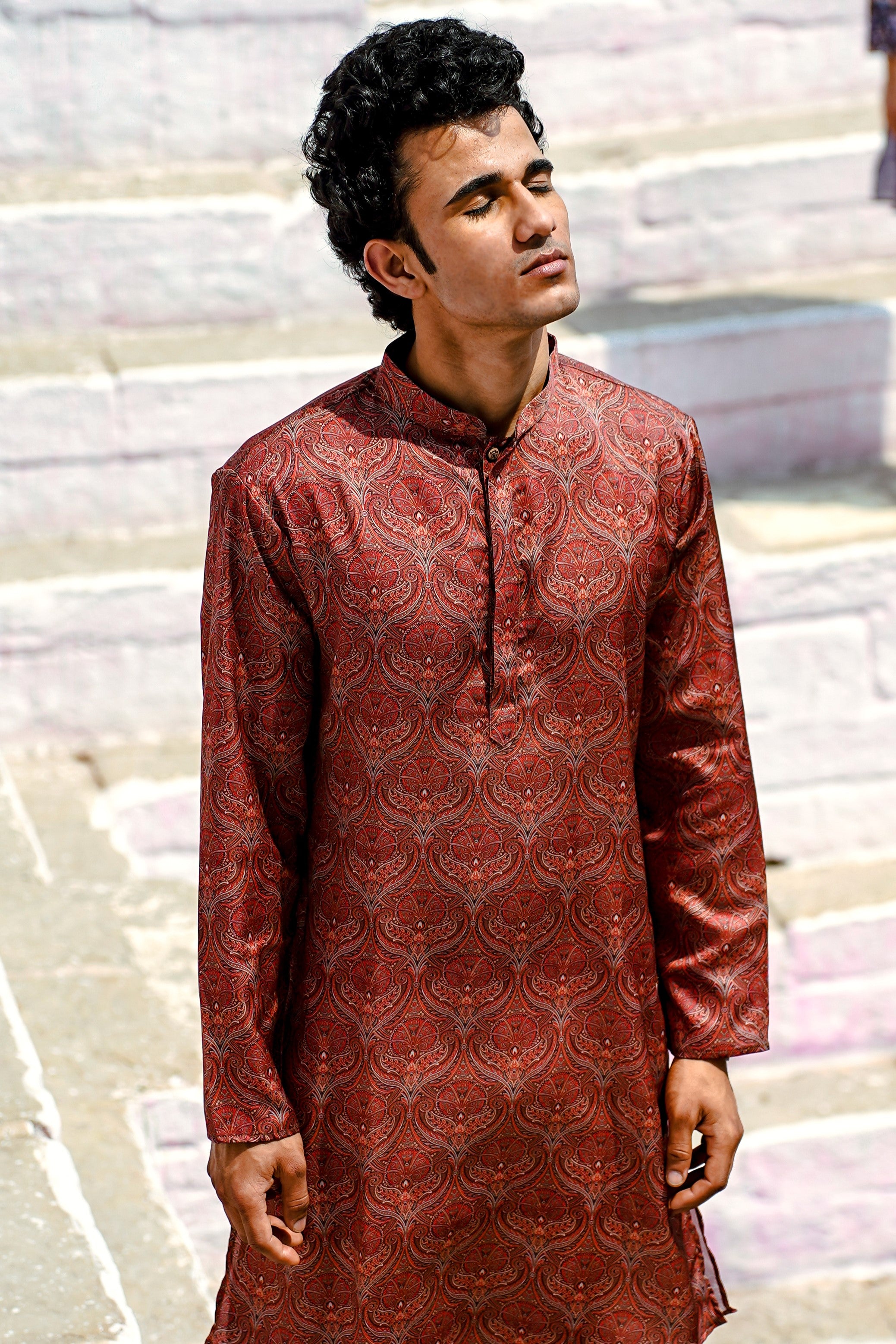 RUSSET BROWN MOTIF PRINTED MODAL REGULAR FIT LONG KURTA