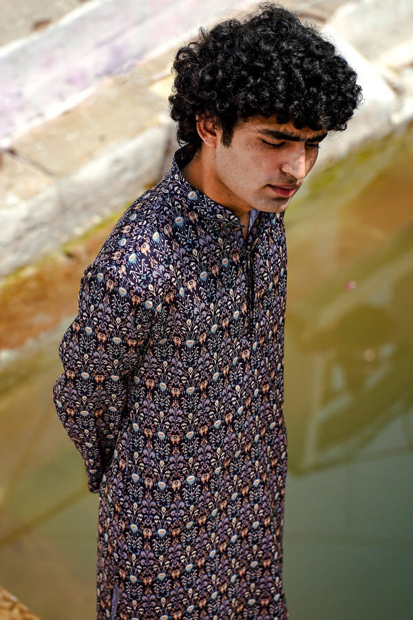 NAVY BLUE WITH CONTRAST DESIGN PRINTED REGULAR FIT MODAL KURTA