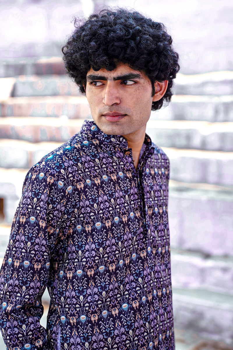 NAVY BLUE WITH CONTRAST DESIGN PRINTED REGULAR FIT MODAL KURTA